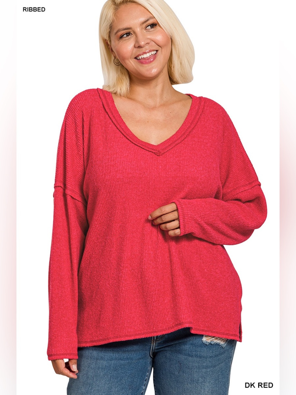 HT-2462X5 PLUS Dk Red Mocha Ribbed Melange Long Sleeve Top
